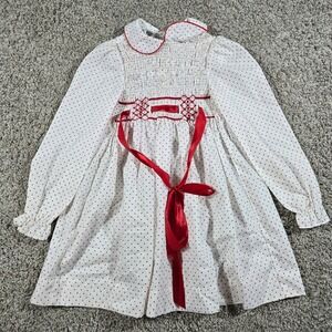 Polly Flinders Hand Smocked Polka Dot Dress Size 6X Red White Retro 80s Vintage